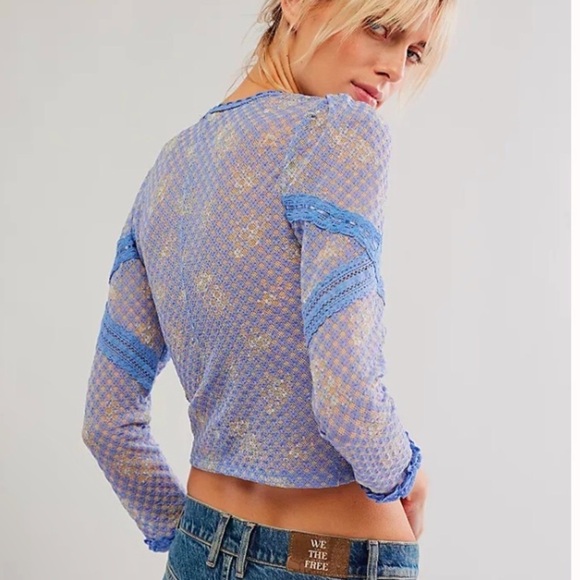 Free People NEW Kika Lace Cropped Button Front Top Size Small Blue Bell Combo - Picture 3 of 16